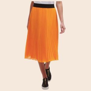 DKNY Orange Stretch Midi Accordion Pleat Skirt Size Medium